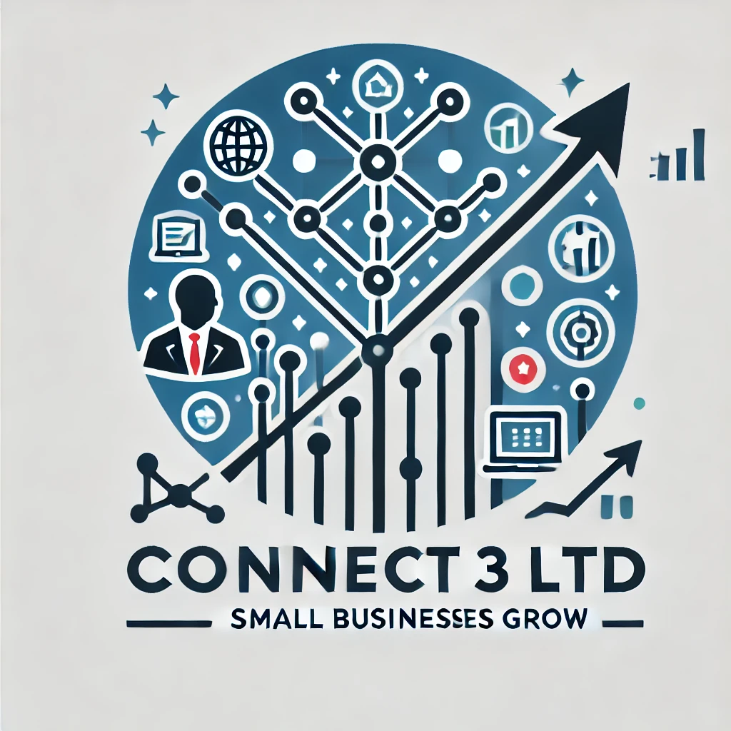 Logo designed by ChaptGPT's DALL-E model for Connect 3 Ltd using your specified brand colours and incorporating elements of technology and growth