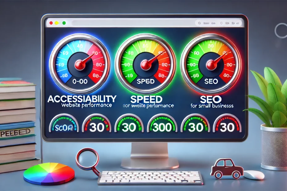 image representing how to measure a website performance across accessibility, speed, and SEO for small businesses with three graphs that look like rev counters