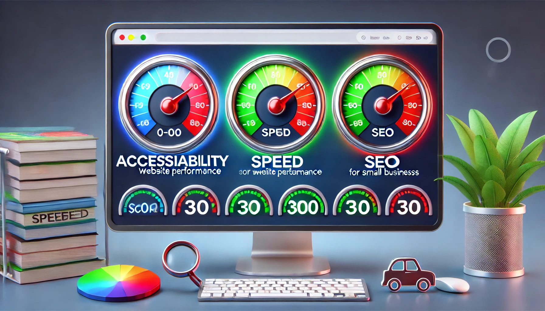 image representing how to measure a website performance across accessibility, speed, and SEO for small businesses with three graphs that look like rev counters