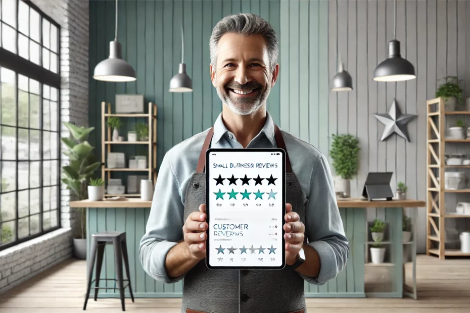 An-uncluttered-clean-and-modern-image-of-a-smiling-small-business-owner-standing-in-their-shop-holding-a-tablet-displaying-a-screen-full-of-positive