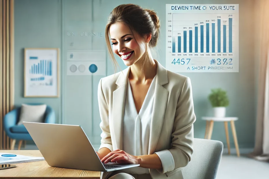 A smiling 40-year-old businesswoman working on her laptop, reviewing customer statistics that show a significant increase in website dwell time. The image features a clean, modern office setting with subtle incorporation of Connect 3 Ltd's brand colours: cool blues, light grey, fresh green, and warm red.