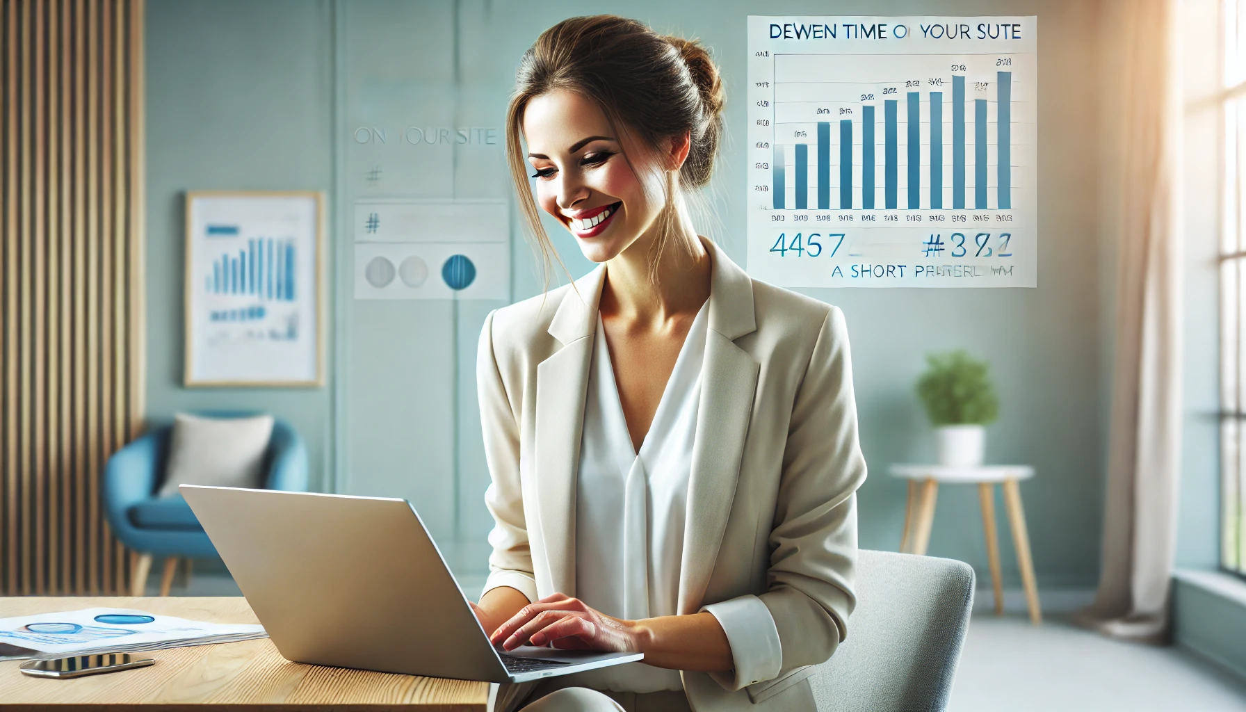 A smiling 40-year-old businesswoman working on her laptop, reviewing customer statistics that show a significant increase in website dwell time. The image features a clean, modern office setting with subtle incorporation of Connect 3 Ltd's brand colours: cool blues, light grey, fresh green, and warm red.