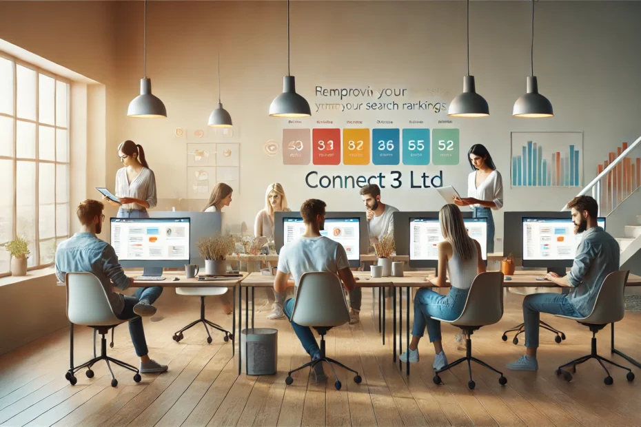 A group of young professionals working on computers in a modern, casual office setting, collaborating on improving website search rankings. The background is well-lit with soft tones and subtle hints of Connect 3 Ltd’s brand colours.