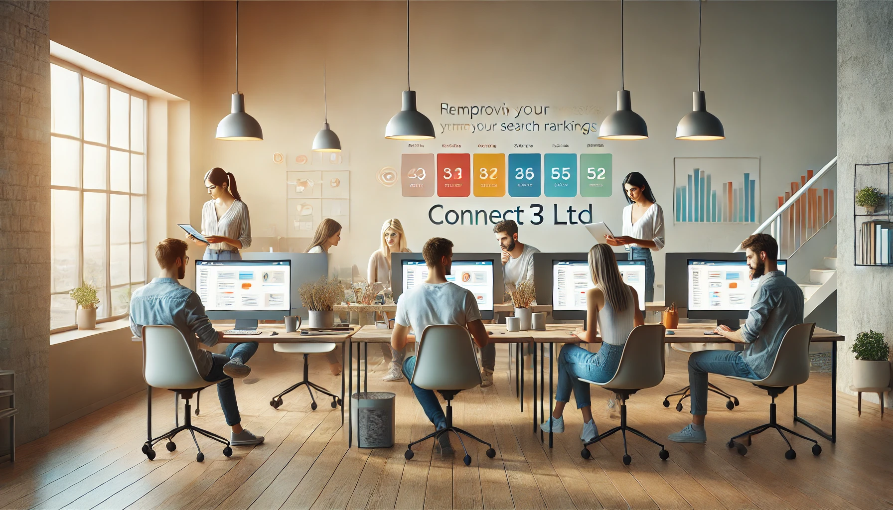 A group of young professionals working on computers in a modern, casual office setting, collaborating on improving website search rankings. The background is well-lit with soft tones and subtle hints of Connect 3 Ltd’s brand colours.