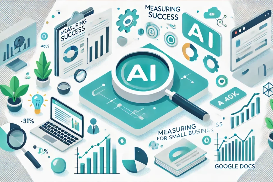 Illustration representing measuring success for small businesses using AI, featuring charts, graphs, and a magnifying glass.