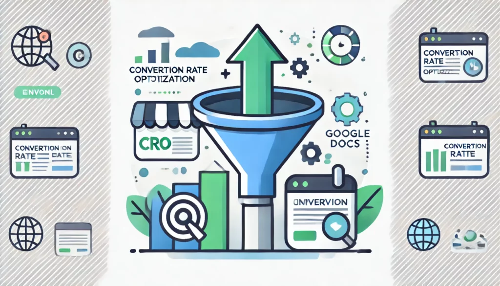 Illustration representing conversion rate optimization (CRO) for small businesses, featuring a funnel, upward arrow, and various analytical elements.