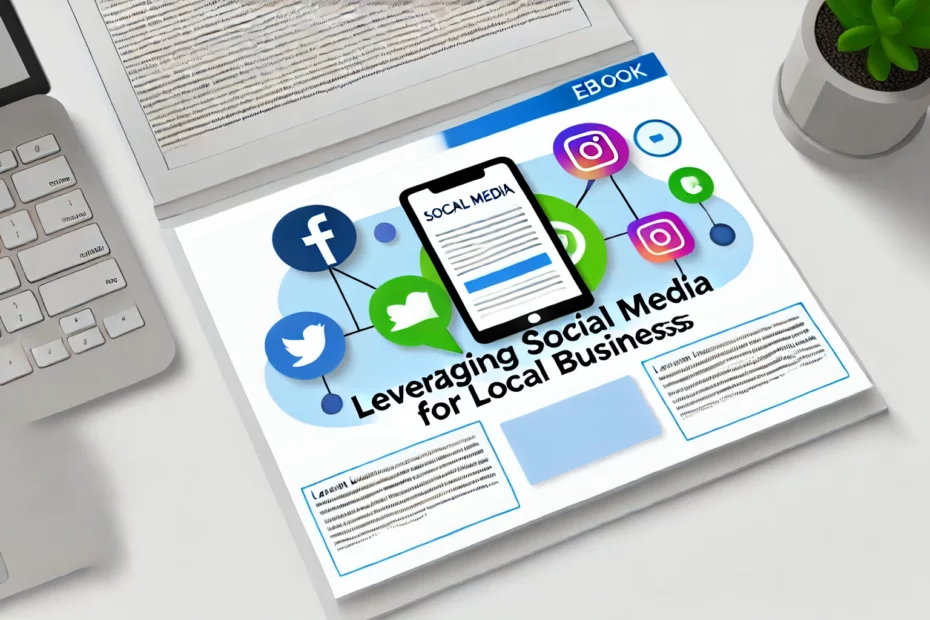 Illustration representing leveraging social media for local businesses, featuring social media icons like Facebook, Twitter, and Instagram on a digital device