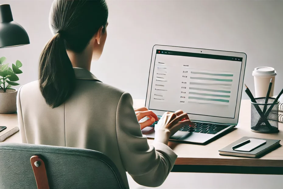 an image of a lady working on a macbook air reviewing her websites poor performance, the view is from behind and the environment is clean and bright