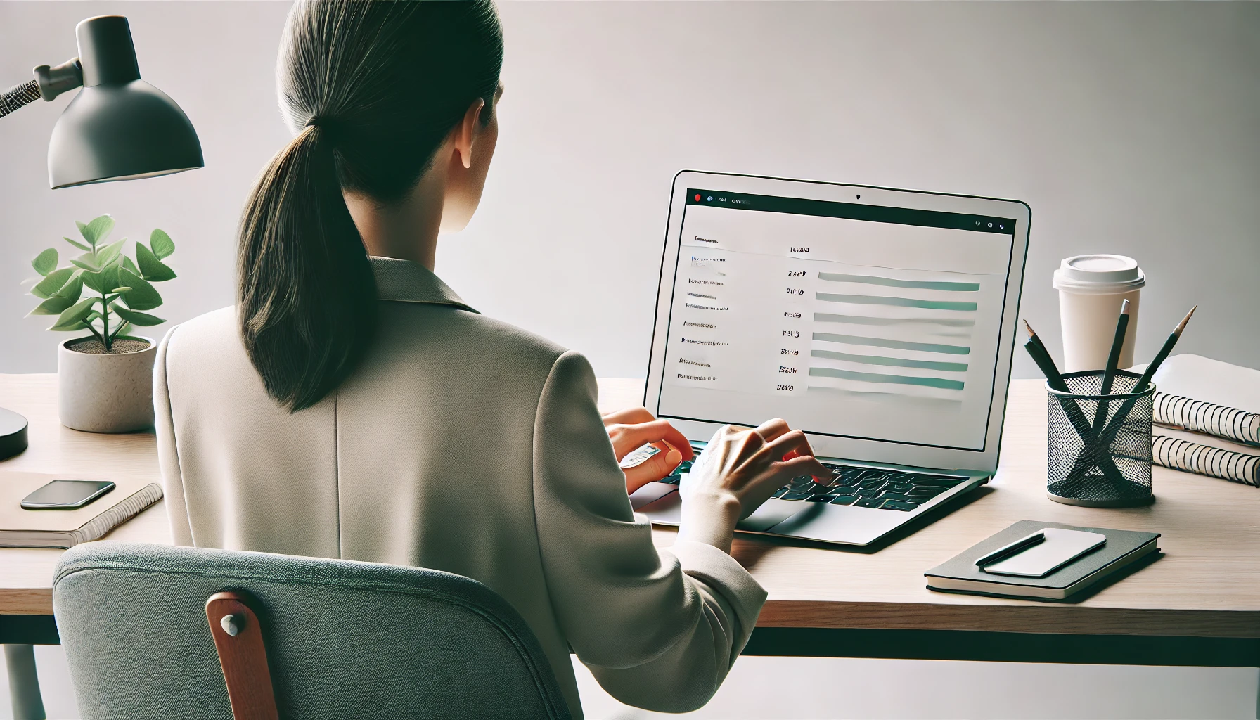 an image of a lady working on a macbook air reviewing her websites poor performance, the view is from behind and the environment is clean and bright