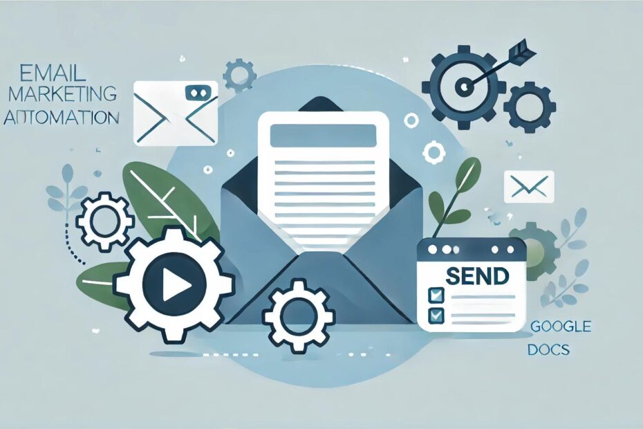 Illustration representing email marketing automation, featuring an envelope, email icons, and gears symbolizing automated processes