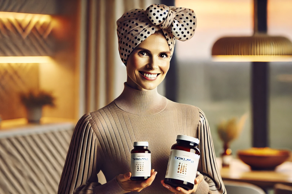 A smiling woman with a large polka-dotted headband holding two supplement bottles in a well-lit indoor environment with warm lighting, showcasing a soft quilted background.