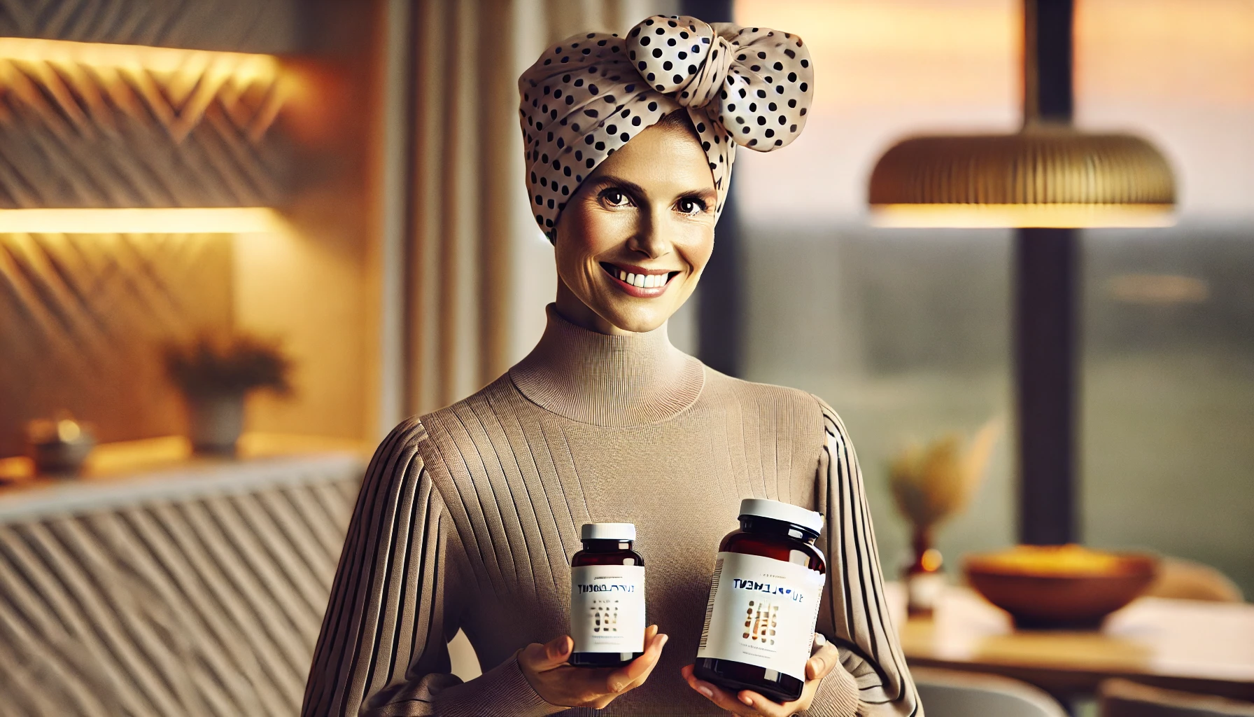 A smiling woman with a large polka-dotted headband holding two supplement bottles in a well-lit indoor environment with warm lighting, showcasing a soft quilted background.