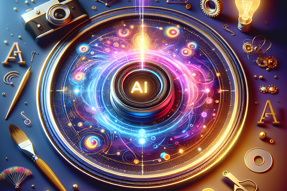 A vibrant futuristic illustration depicting AI-driven image creation, featuring a sleek digital workspace with a glowing central interface labeled "Leonardo AI," surrounded by creative tool icons like a paintbrush, camera, and lightbulb, with dynamic artwork blending photorealism and abstract design emerging from the system; presented in a cinematic 16:9 perspective, using a balanced color palette of blues, purples, and gold accents with soft gradient lighting for a modern and professional feel.