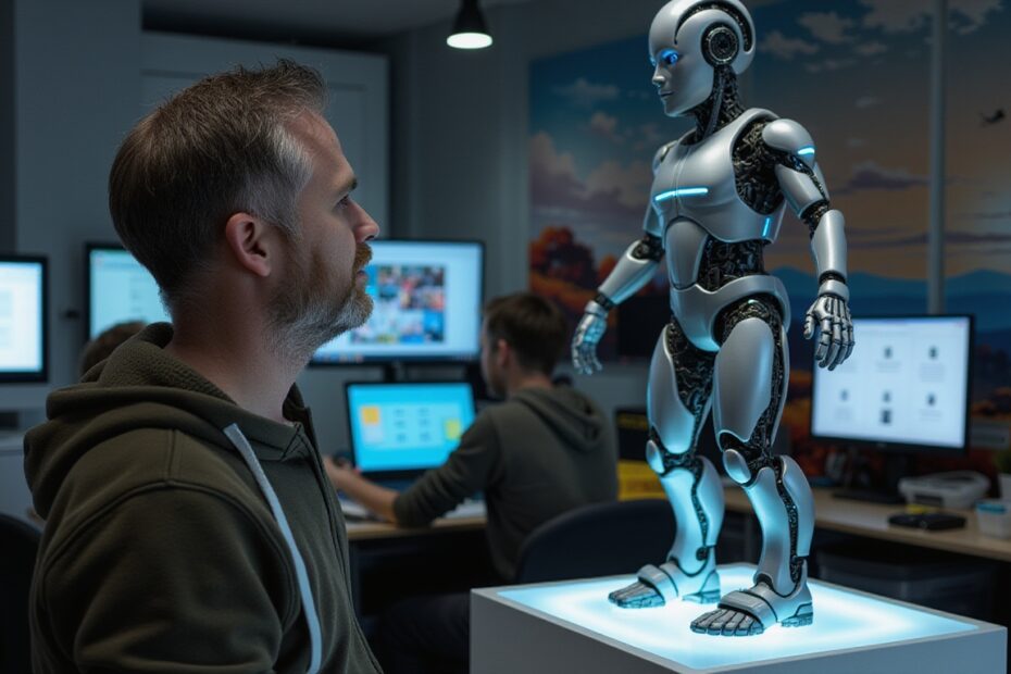 A man in an olive-green hoodie attentively facing a humanoid robot with glowing blue accents, set in a modern office environment with computer screens and vibrant artwork in the background.