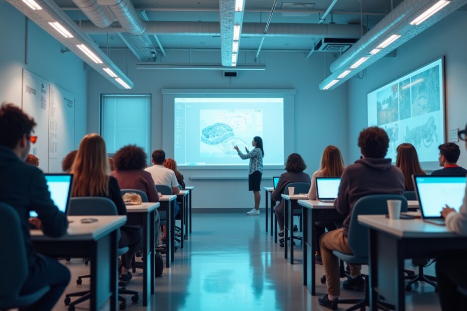 A futuristic UK classroom showcasing students engaging with AI-driven technology.