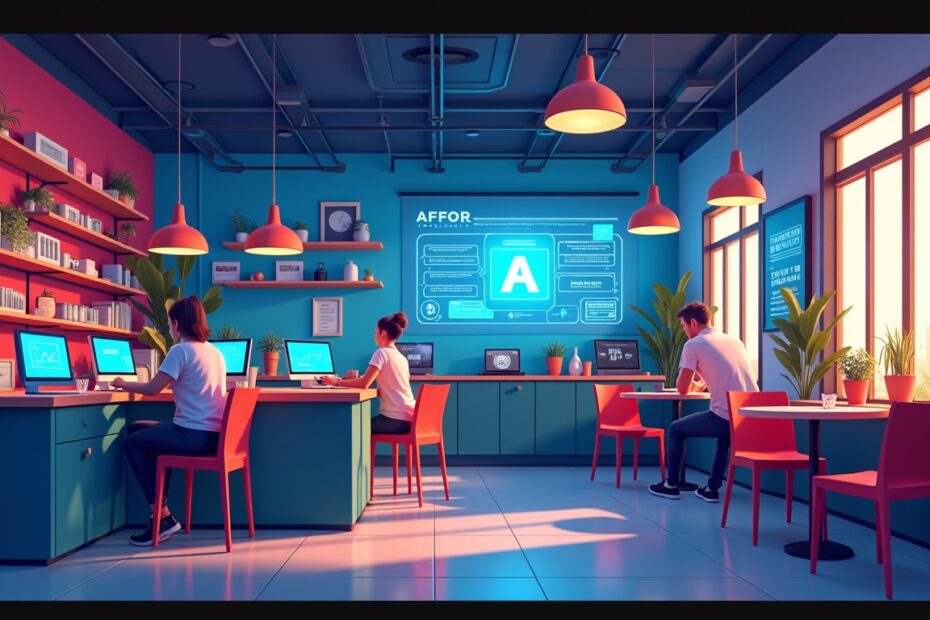 A small business owner managing operations with AI tools in a stylish café setting.