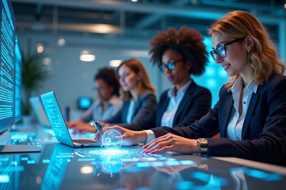 Diverse professionals using AI-powered holographic tools in a modern office.