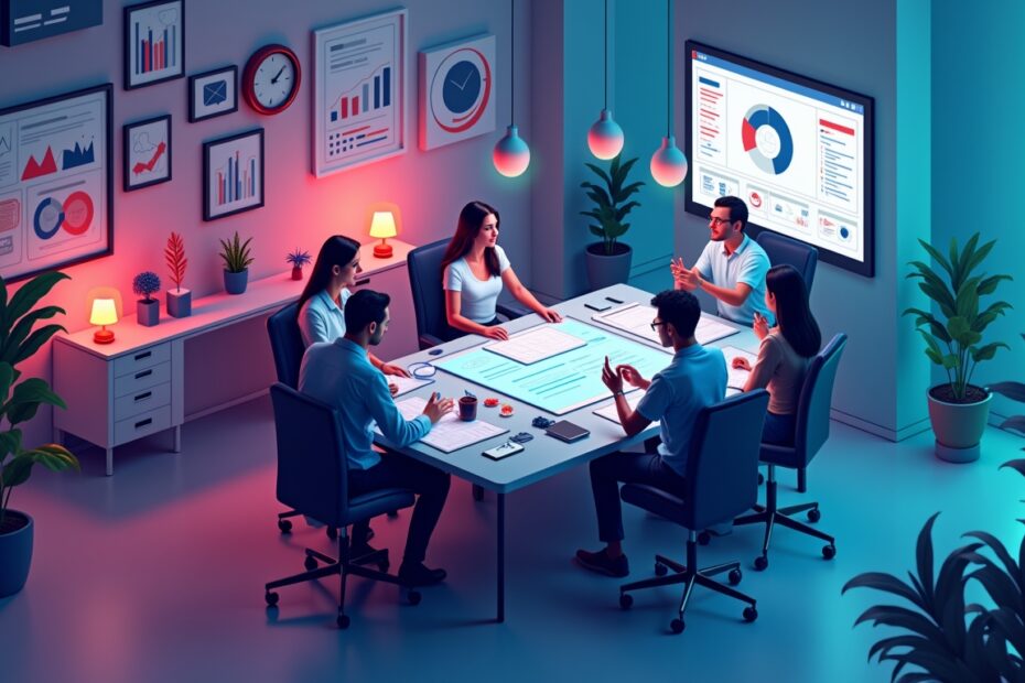 A futuristic office with a diverse team strategising lead generation plans using glowing screens and data graphs.