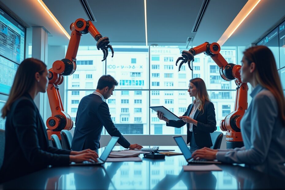 A diverse team of human recruiters and futuristic AI robots collaborating in a modern office.