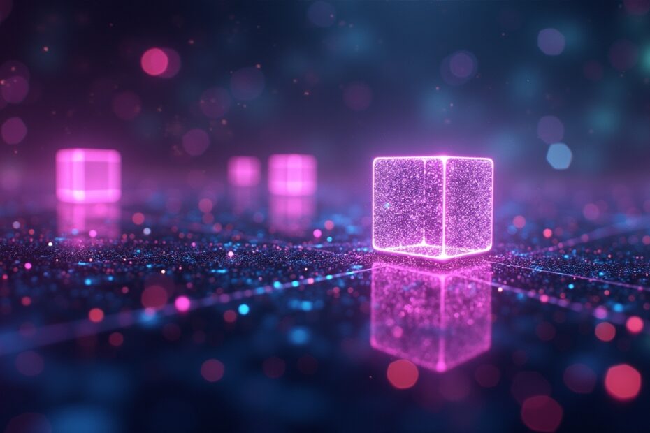 An artistic representation of quantum computing with glowing qubits and neon hues in a futuristic setting.