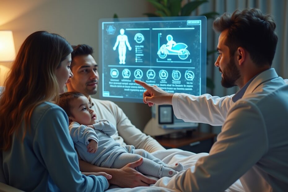 A family in a clinic discussing state-of-the-art treatment options for CCHS with a doctor.