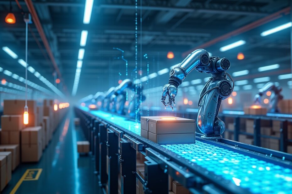 Futuristic e-commerce warehouse with AI-powered robots optimising operations.