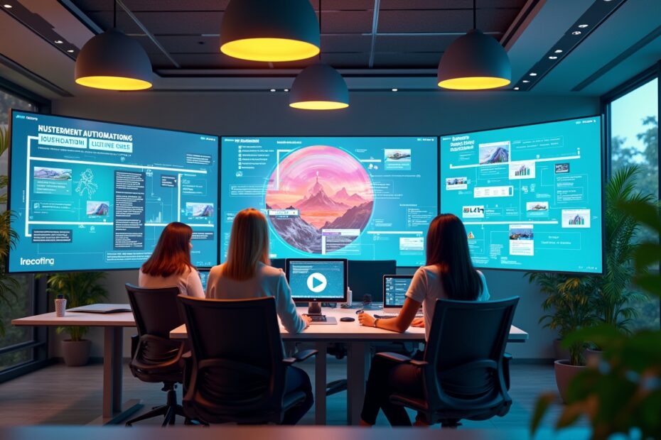 Futuristic office showcasing video automation workflows on large screens.