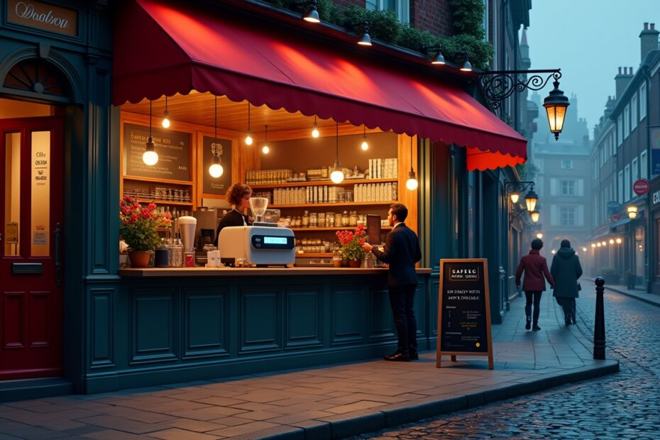 A UK café with glowing interior lighting, showcasing AI tools in action, including an automated coffee machine and smart POS system.