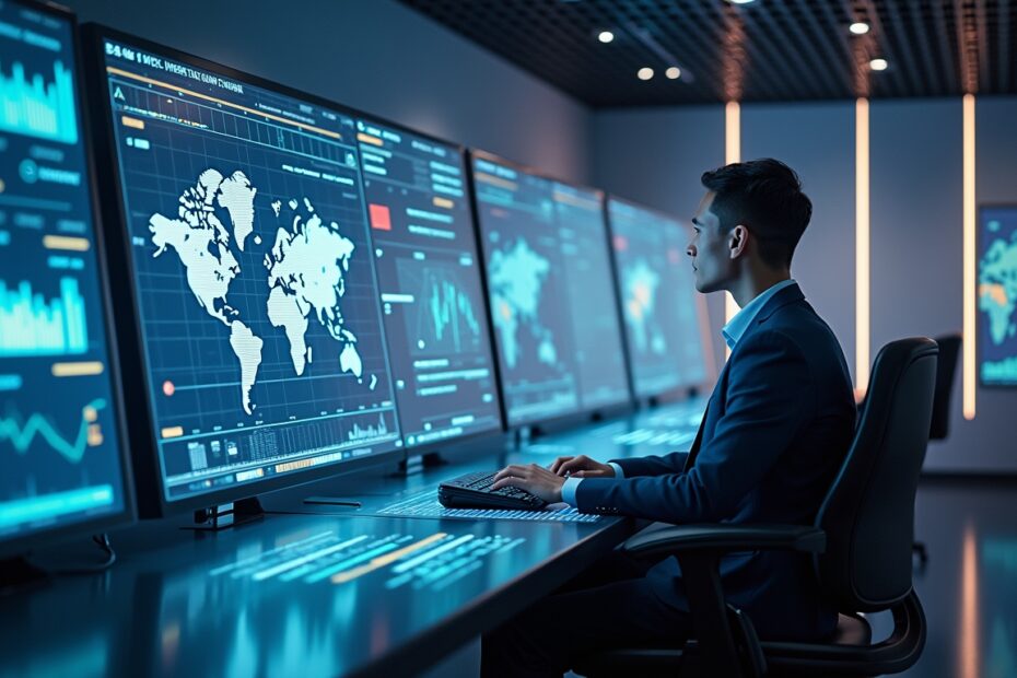 A futuristic government control room showcasing AI technologies in decision-making, featuring glowing displays and professional staff.