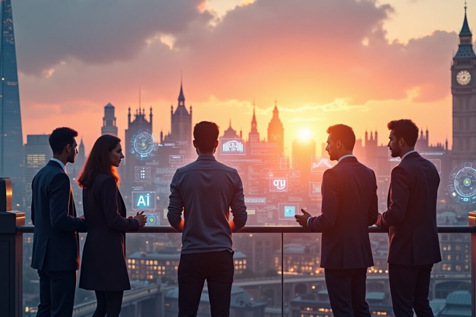 Futuristic UK city skyline with business professionals discussing AI-driven strategies.