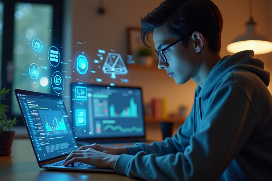 A student studying AI online with a laptop, surrounded by AI-themed digital graphics.