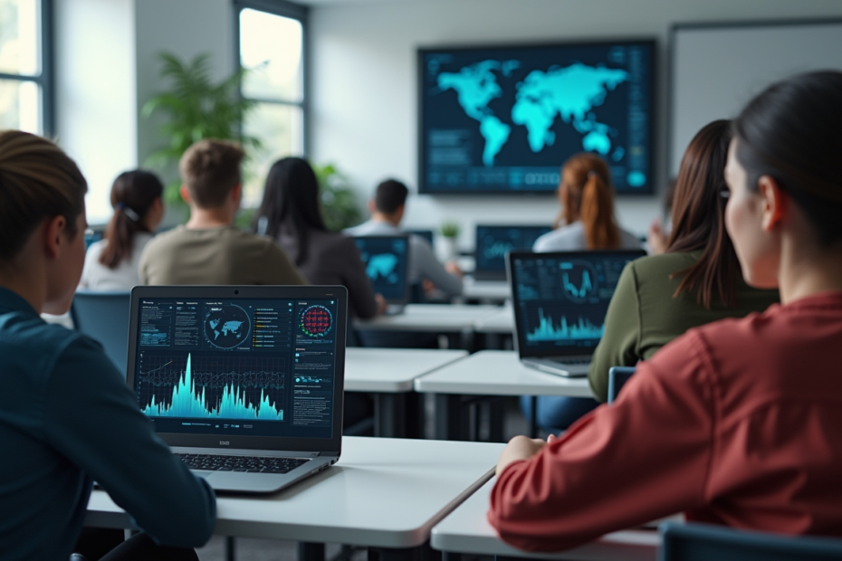 Students in a classroom using AI tools for automation learning.