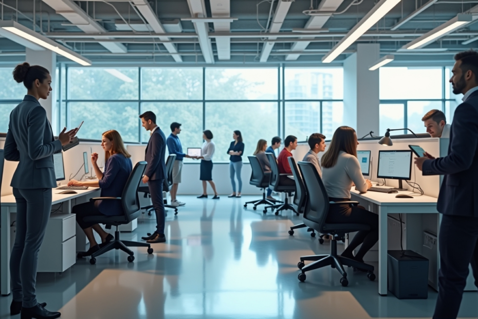 Professionals and AI working together in a modern UK office.