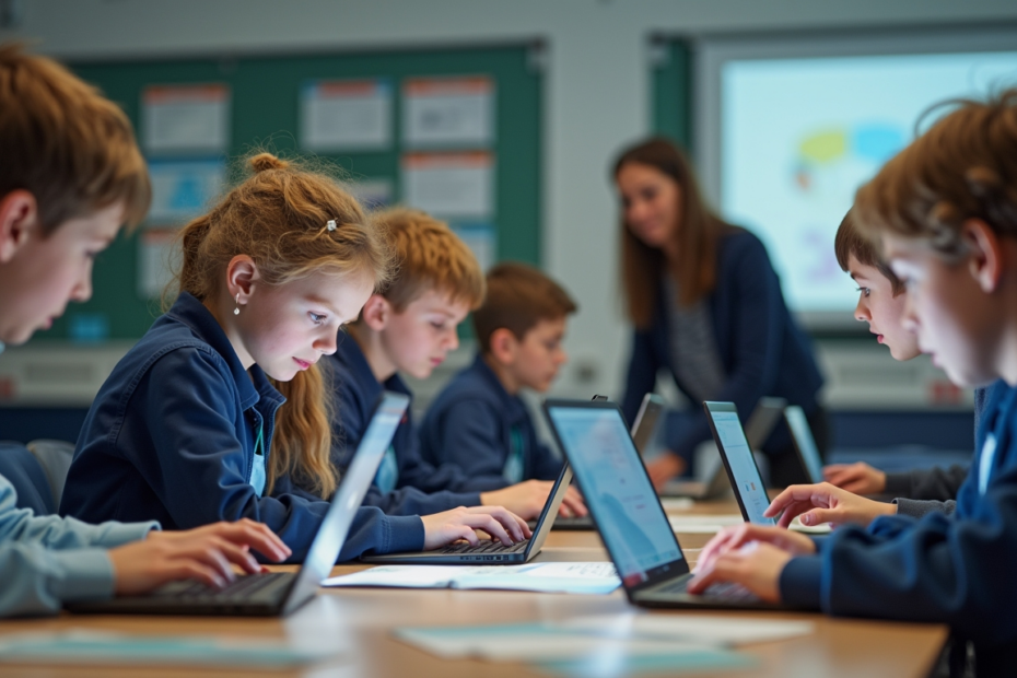 Students in a UK classroom collaborating on AI coding projects.