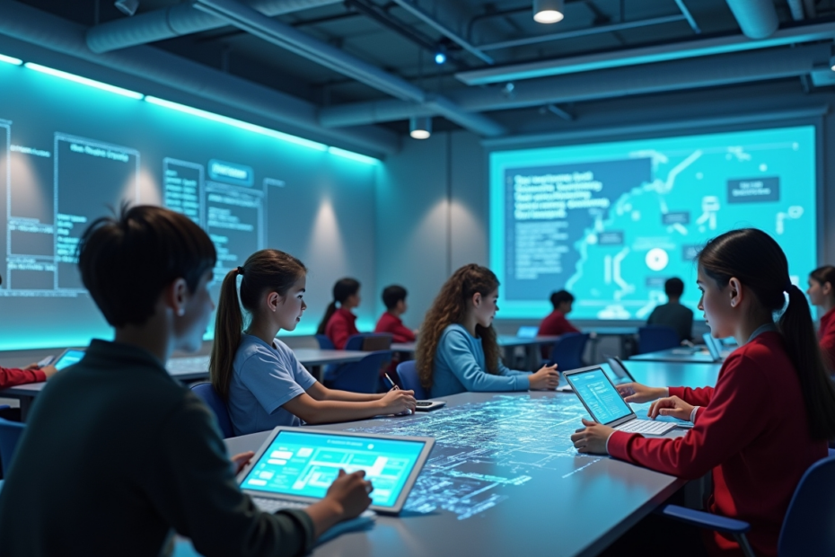 Students using interactive AI tools in a modern classroom.