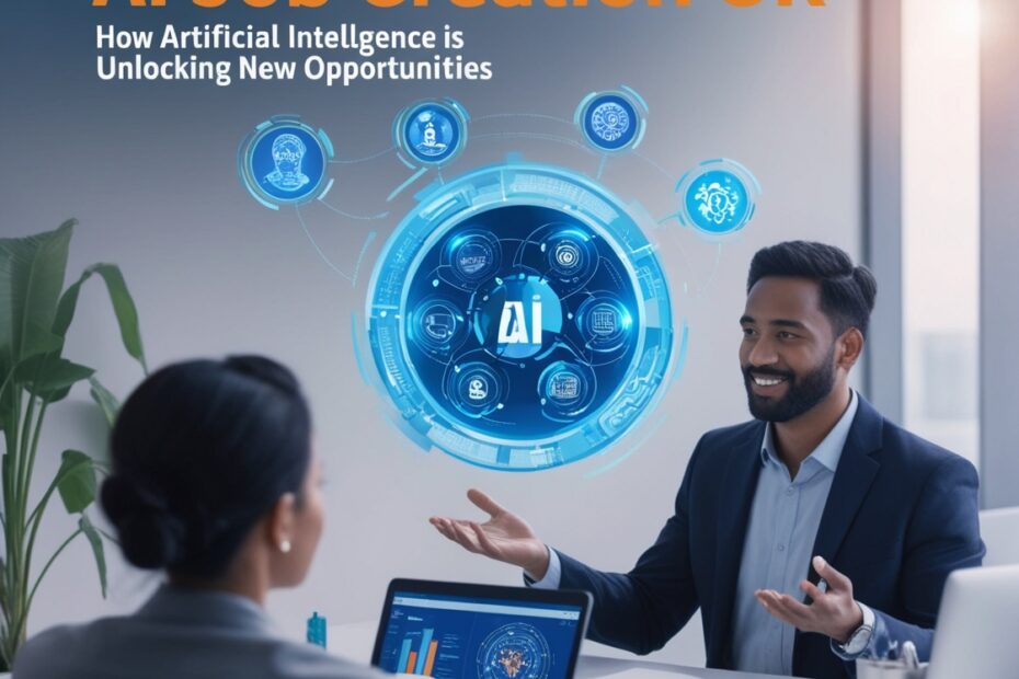 A business professional discussing AI job creation with a colleague, featuring a digital AI interface