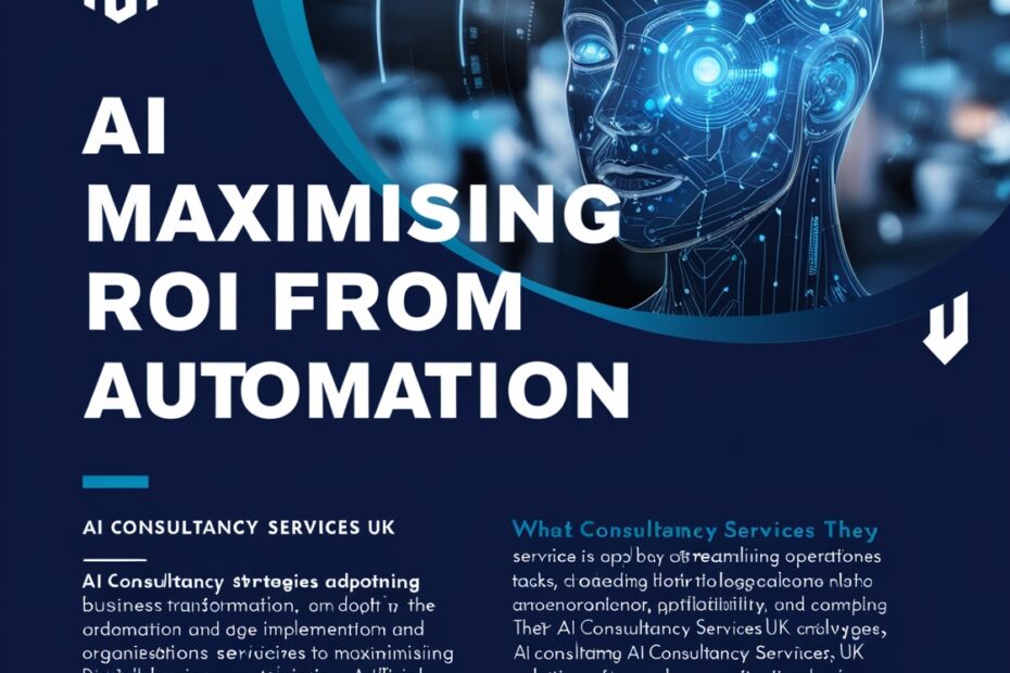 Infographic illustrating AI's role in maximizing ROI from automation, featuring a digital human head with glowing circuits