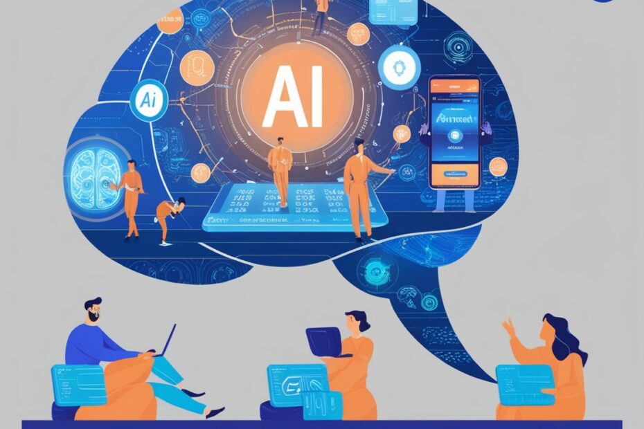 An infographic showcasing AI advancements and predictions with illustrations of people interacting with AI technology