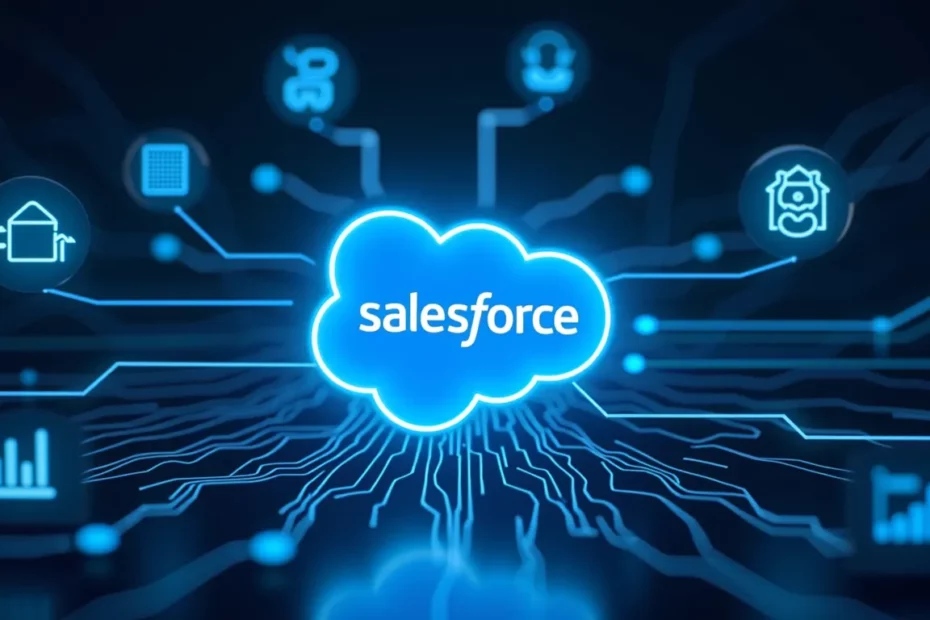 Futuristic illustration showcasing Salesforce AI-first CRM approach with glowing cloud logo and data-driven analytics