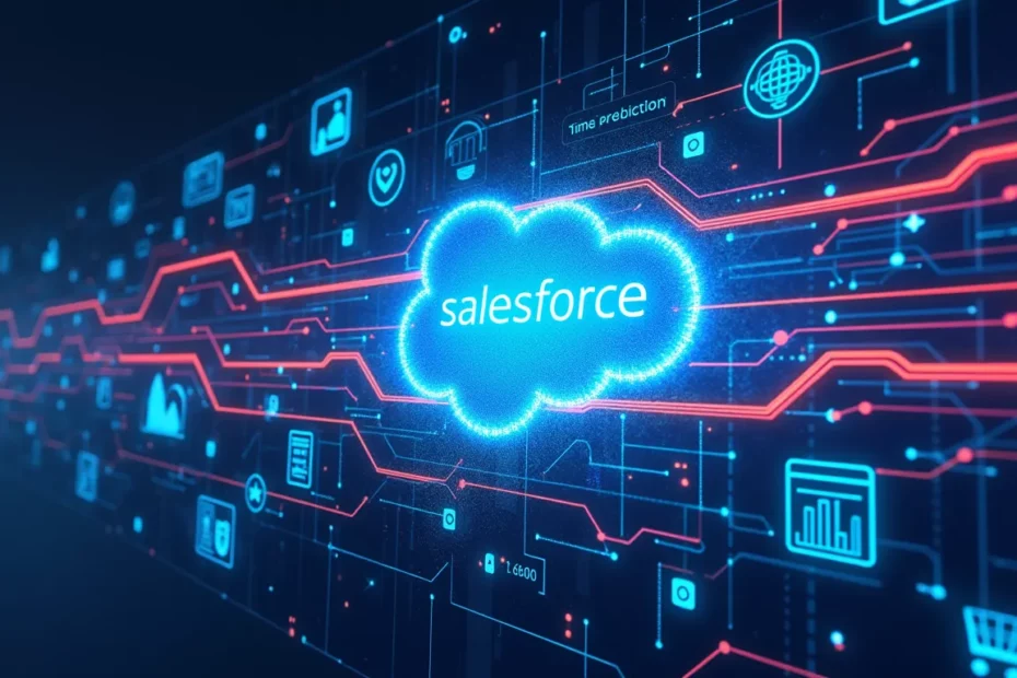 Salesforce cloud logo illuminated with futuristic AI and data network connections.