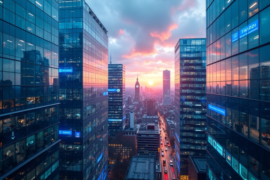 A futuristic view of London’s financial district with AI elements overlayed.