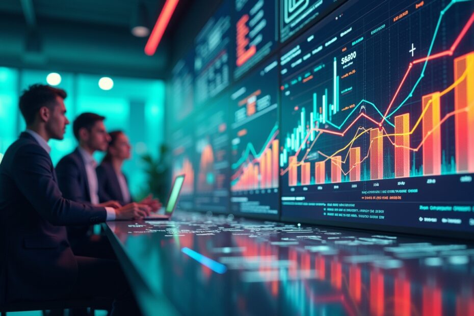 A diverse team strategising on digital SEO growth, with vibrant charts showcasing traffic improvements.