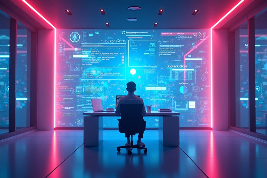 A tech engineer in a neon-lit workspace crafting AI prompts in a futuristic setting.