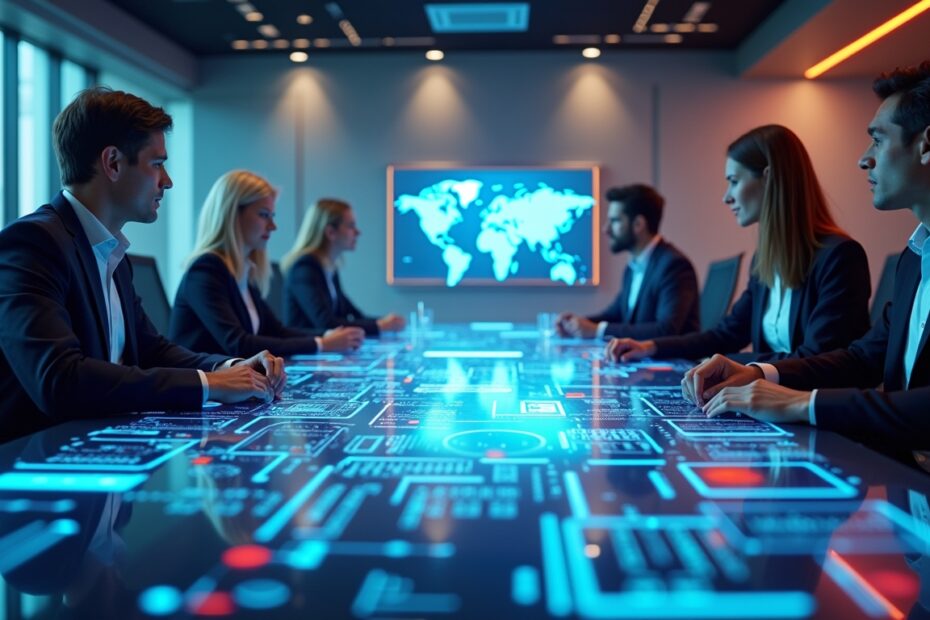 Futuristic conference room showcasing AI tools and diverse professionals in collaboration.