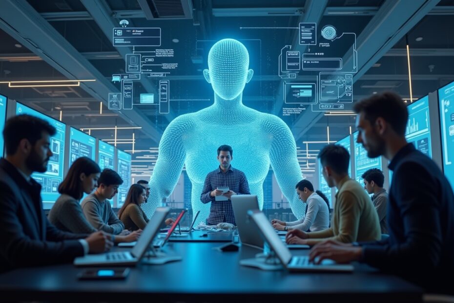 Futuristic workspace with AI interfaces and a collaborative team.