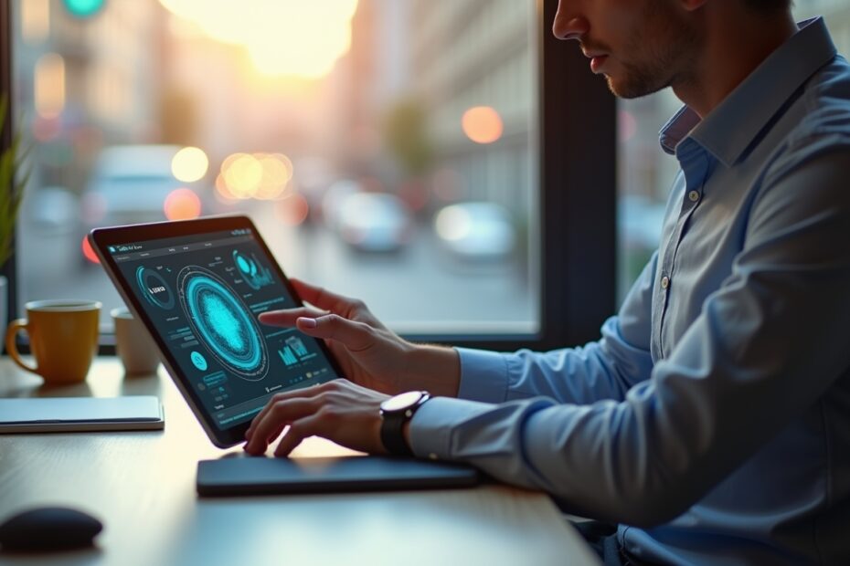 A UK small business owner using a tablet with AI-powered tools in a modern office.