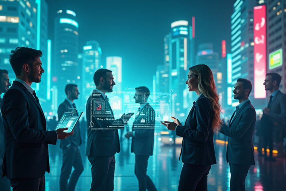 Illustration of AI agents collaborating with businesspeople in a futuristic UK cityscape.