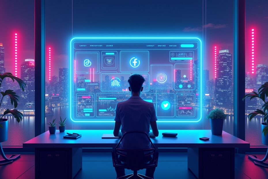 Futuristic office desk with holographic social media automation displays in a neon-lit cyberpunk city.