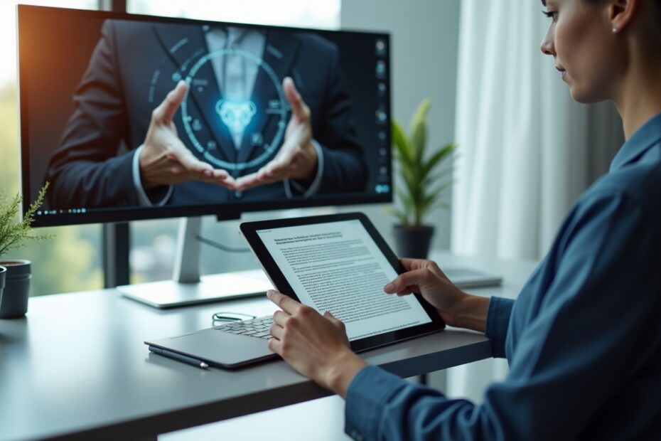 A person working on a digital workspace with video transcription software.