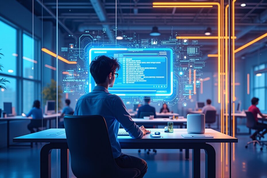 AI-powered coding environment with futuristic holographic displays showcasing automated code snippets.